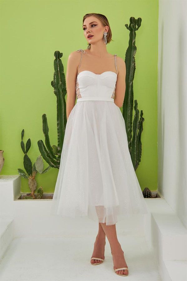 Carmen Carmen Ecru Tulle Strap Princess Midi Prom and Wedding Dress