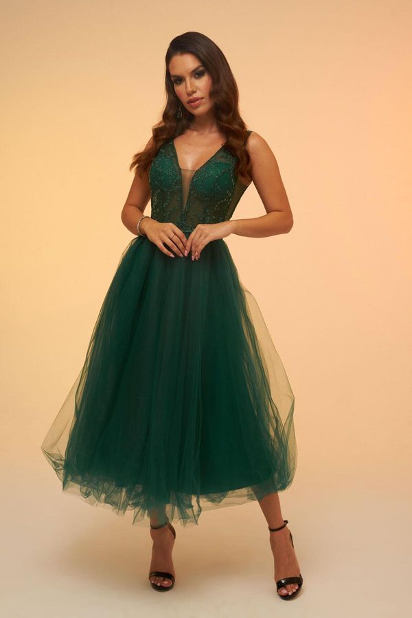 Carmen Carmen Emerald Tulle Decollete Back Midi Promise Dress