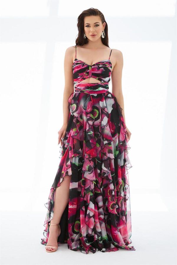 Carmen Carmen Fuchsia Printed Long Evening Dress with Belly Low-cut Slit