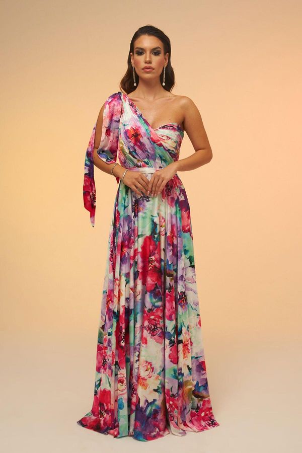 Carmen Carmen Fuchsia Printed Single Sleeve Long Evening Dress
