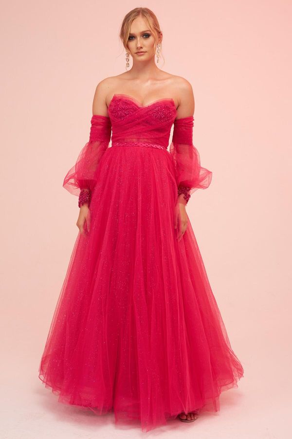 Carmen Carmen Fuchsia Tulle Low Sleeve Engagement Evening Dress