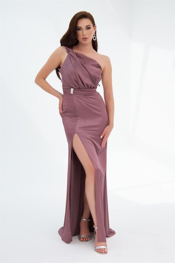 Carmen Carmen Lavender Foil One Sleeve Slit Long Evening Dress