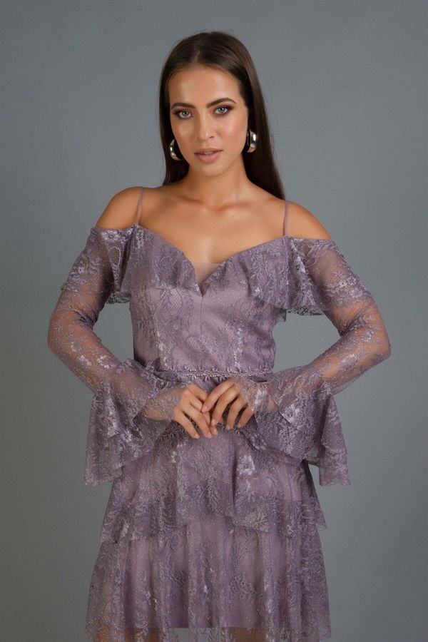 Carmen Carmen Lavender Lace Long Sleeve Short Evening Dress