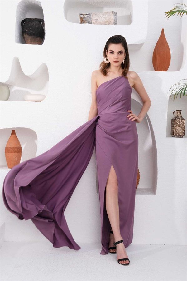 Carmen Carmen Lavender Satin One-Shoulder Long Evening Dress