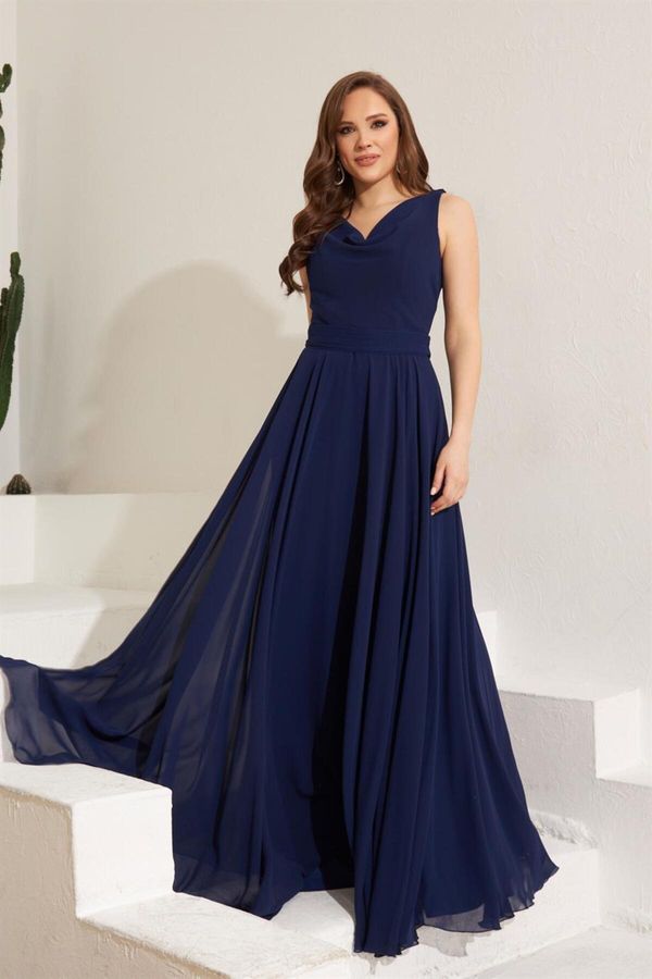 Carmen Carmen Navy Blue Chiffon Collar Long Evening Dress And Invitation Dress