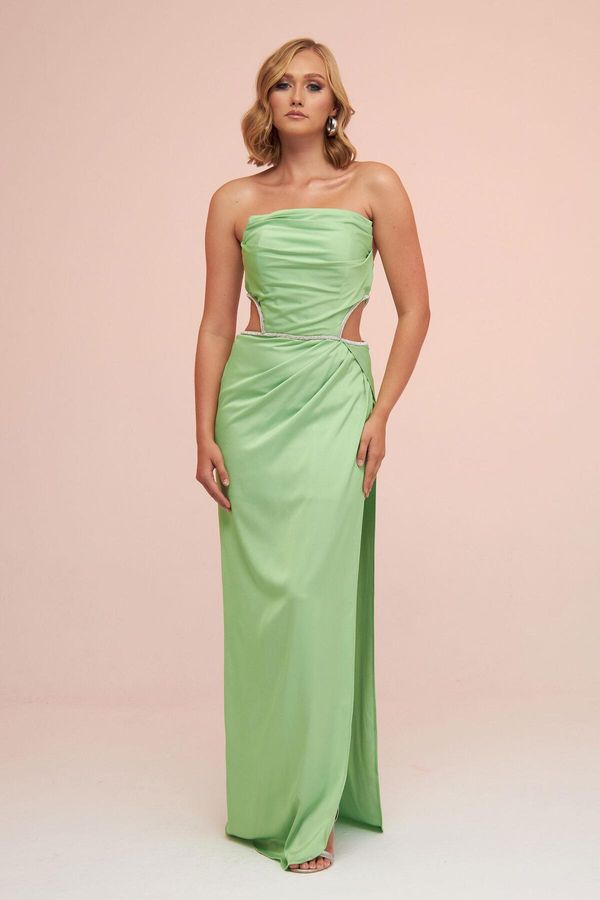 Carmen Carmen Pistachio Green Satin Strapless Long Evening Dress with Side Slit