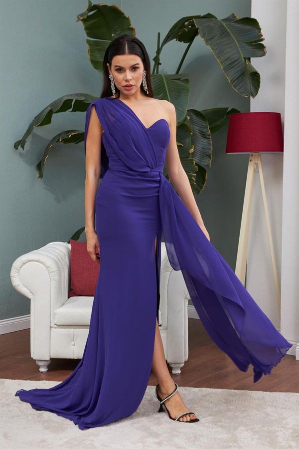 Carmen Carmen Purple Chiffon One Shoulder Slit Long Evening Dress