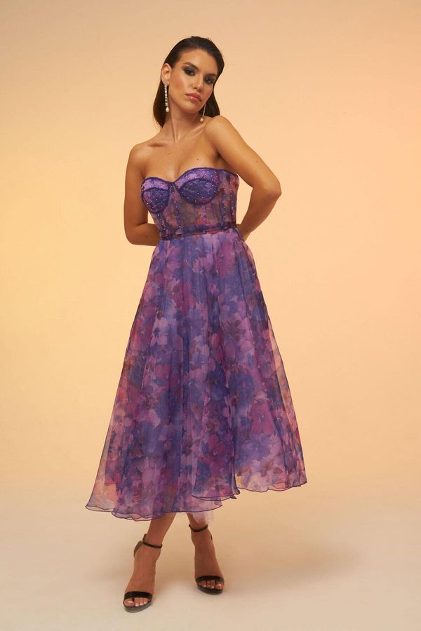 Carmen Carmen Purple Impregnated Strapless Midi Evening Dress