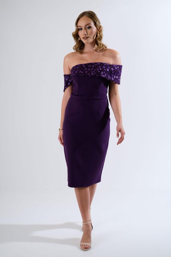 Carmen Carmen Purple Low Sleeve Stone Crepe Evening Dress
