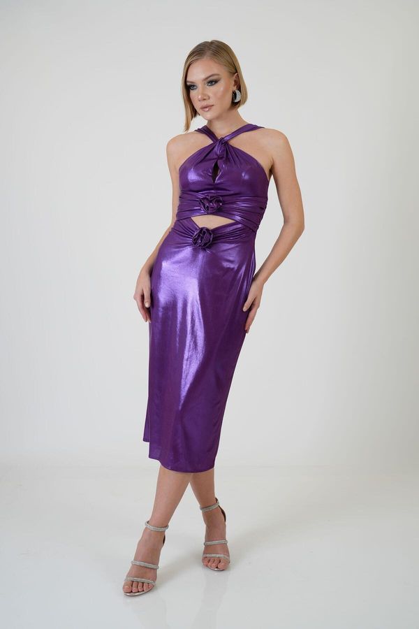 Carmen Carmen Purple Rose Detailed Decollete Sandy Evening Dress