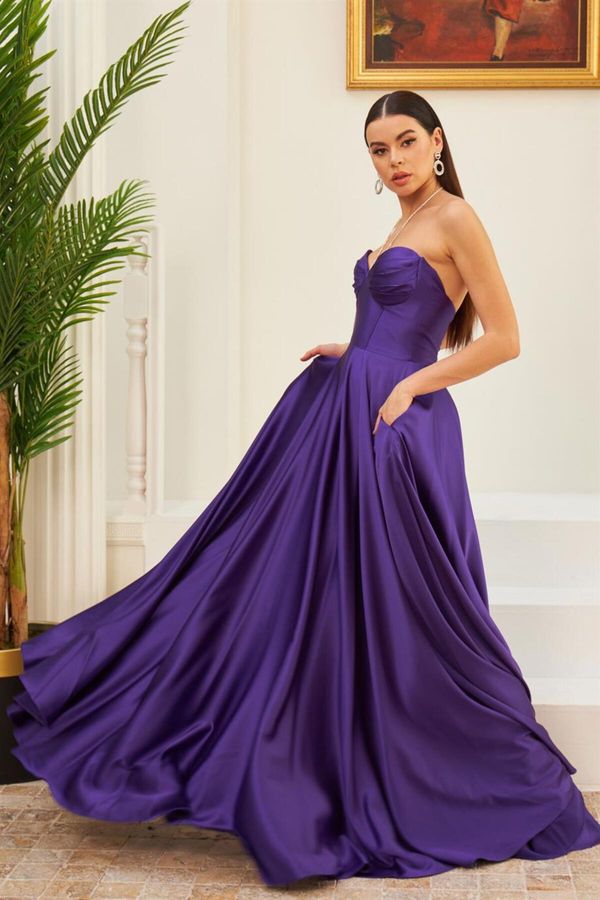 Carmen Carmen Purple Satin Strapless Long Evening Dress And Invitation Dress