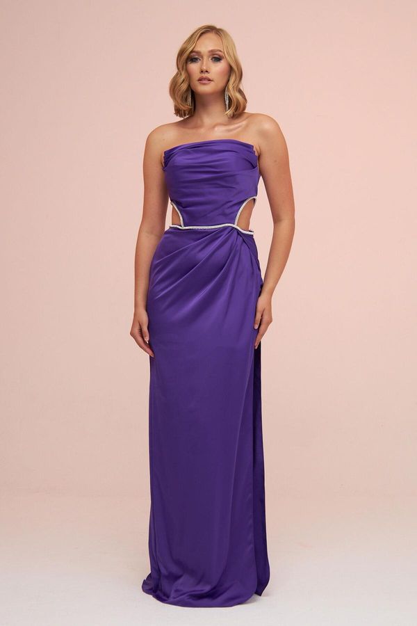Carmen Carmen Purple Satin Strapless Long Evening Dress with Side Slit