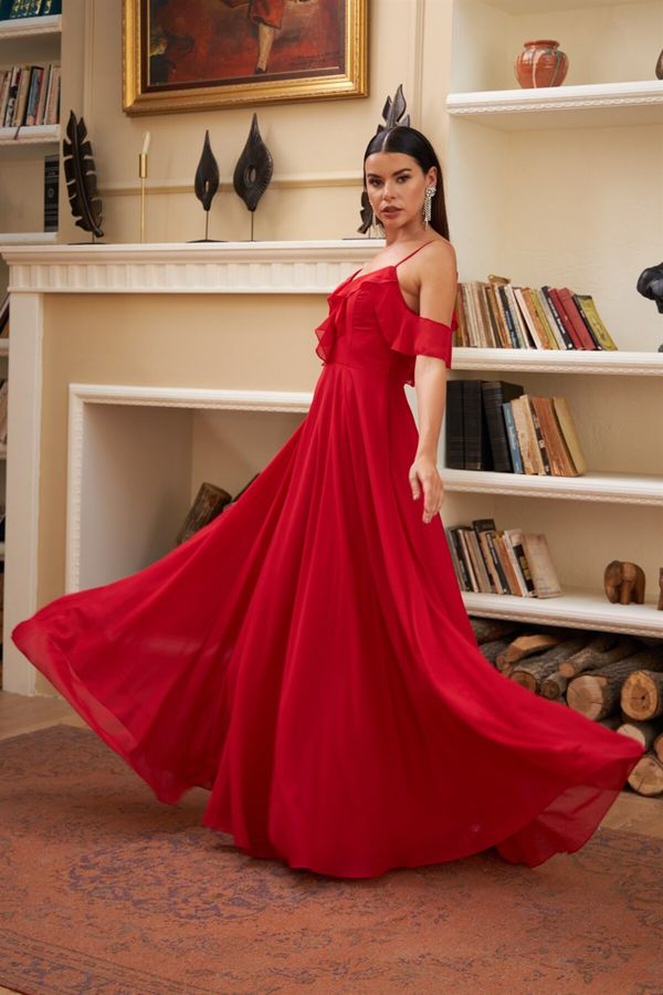 Carmen Carmen Red Chiffon Chest Flounce Long Evening Dress
