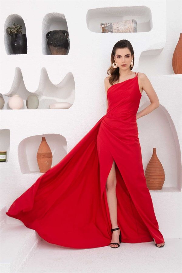 Carmen Carmen Red Satin One-Shoulder Long Evening Dress