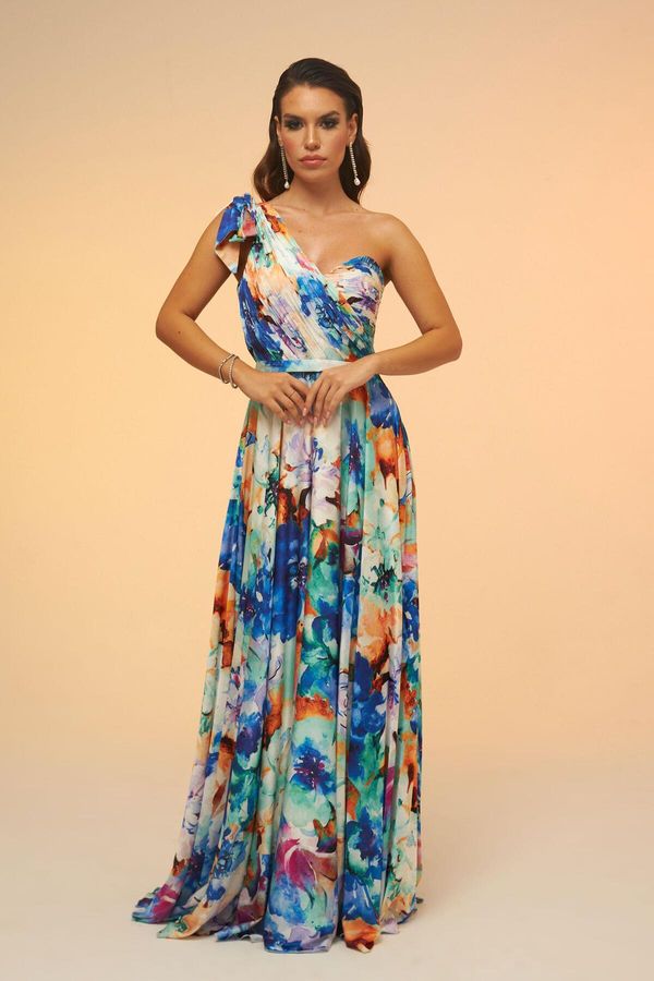 Carmen Carmen Saks Printed Single Sleeve Long Evening Dress
