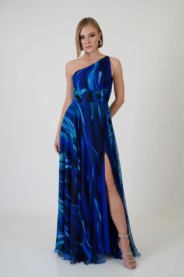 Carmen Carmen Saxe Blue Single Sleeve Slit Printed Evening Dress