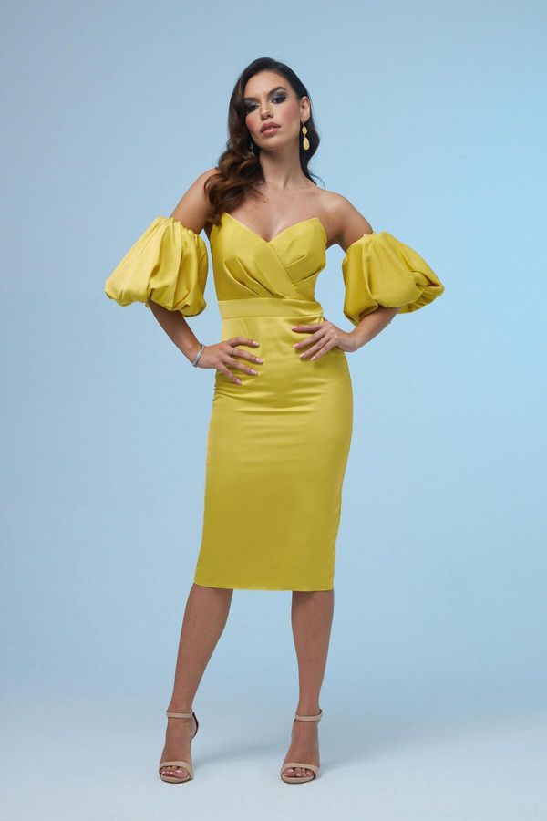 Carmen Carmen Yellow Satin Balloon Sleeve Short Evening Dress