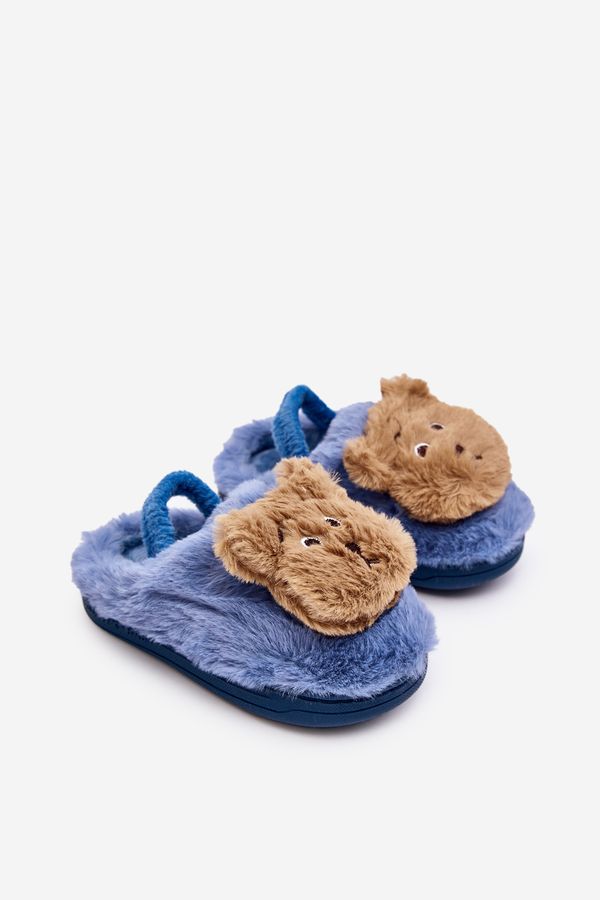 Kesi Children's fur slippers with teddy bear, blue Dicera