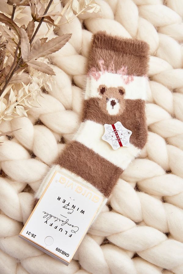 Kesi Children's fur socks with teddy bear, brown and white