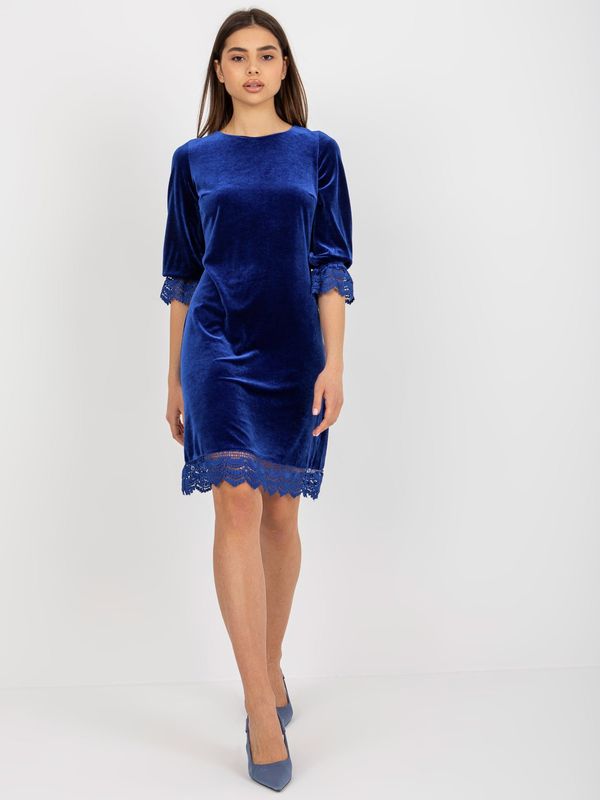 Fashionhunters Cobalt blue velour cocktail dress with 3/4 sleeves