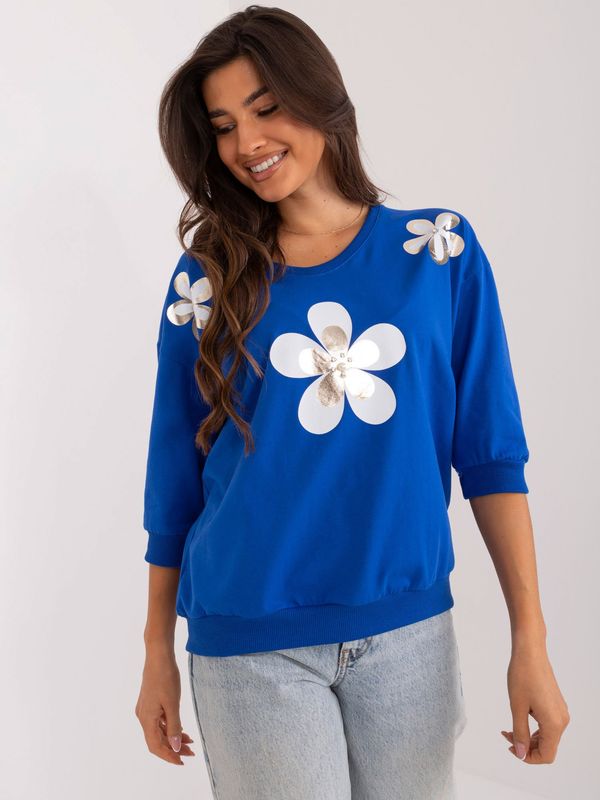 Fashionhunters Cobalt blue women's blouse with 3/4 sleeves with flowers