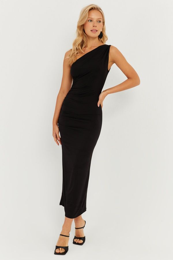 Cool & Sexy Cool & Sexy Women's Black Gathered One-Shoulder Midi Dress