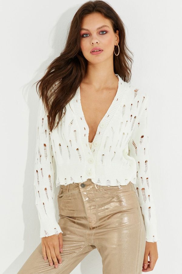 Cool & Sexy Cool & Sexy Women's Ecru Short Cardigan with Torn Detail