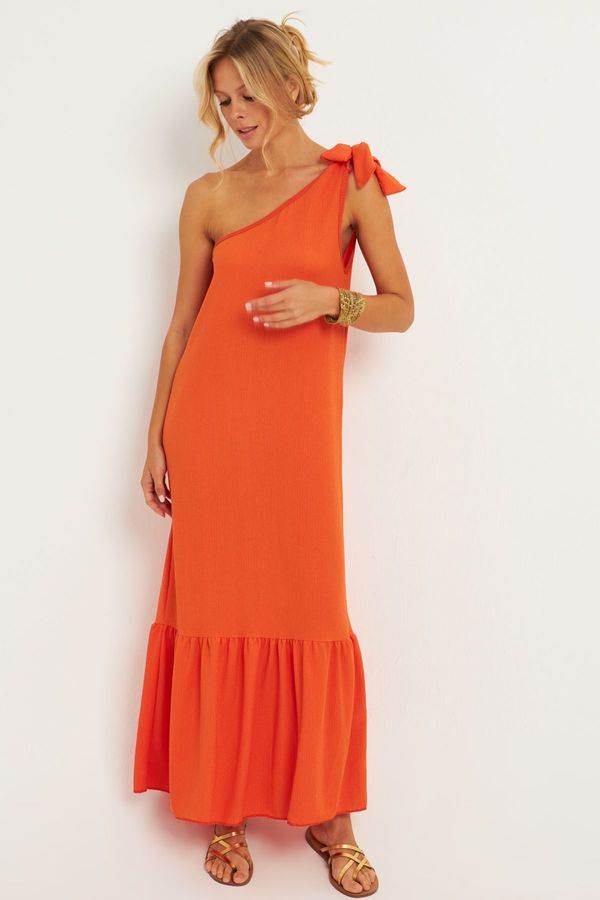 Cool & Sexy Cool & Sexy Women's Orange Shoulder Bow Wrapped Midi Dress