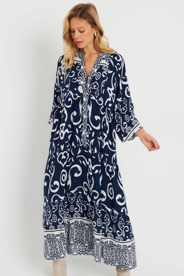 Cool & Sexy Cool & Sexy Women's Patterned Loose Maxi Dress Navy Blue Q981