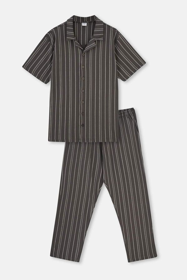 Dagi Dagi Anthracite Shirt Collar Striped Knitted Pajamas Set
