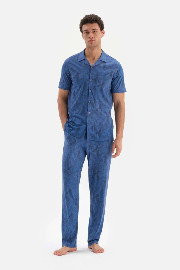 Dagi Dagi Blue Shirt Collar Printed Size Cotton Modal Pajamas Set