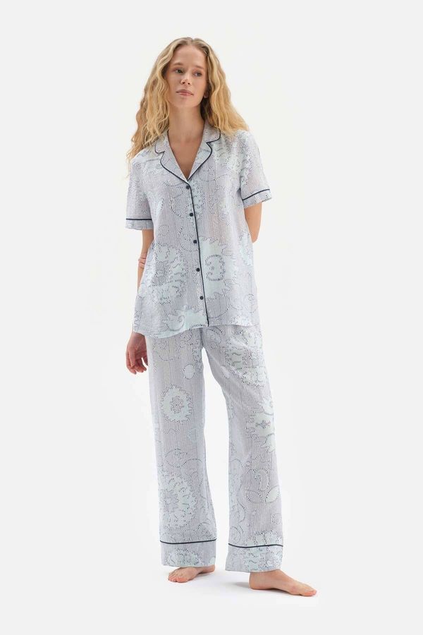 Dagi Dagi Blue Shirt Collar Tile Patterned Viscose Pajama Set