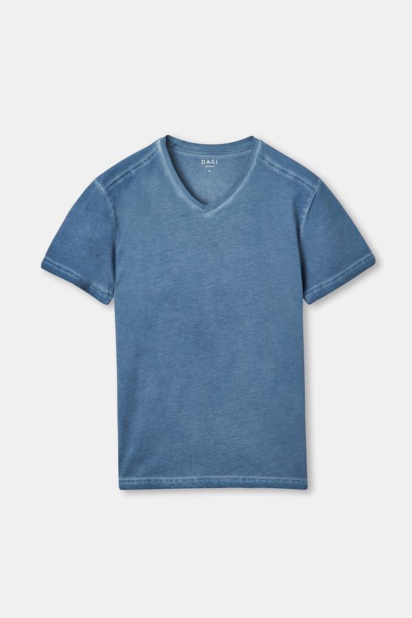 Dagi Dagi Blue V-Neck Cotton Acid Wash T-shirt