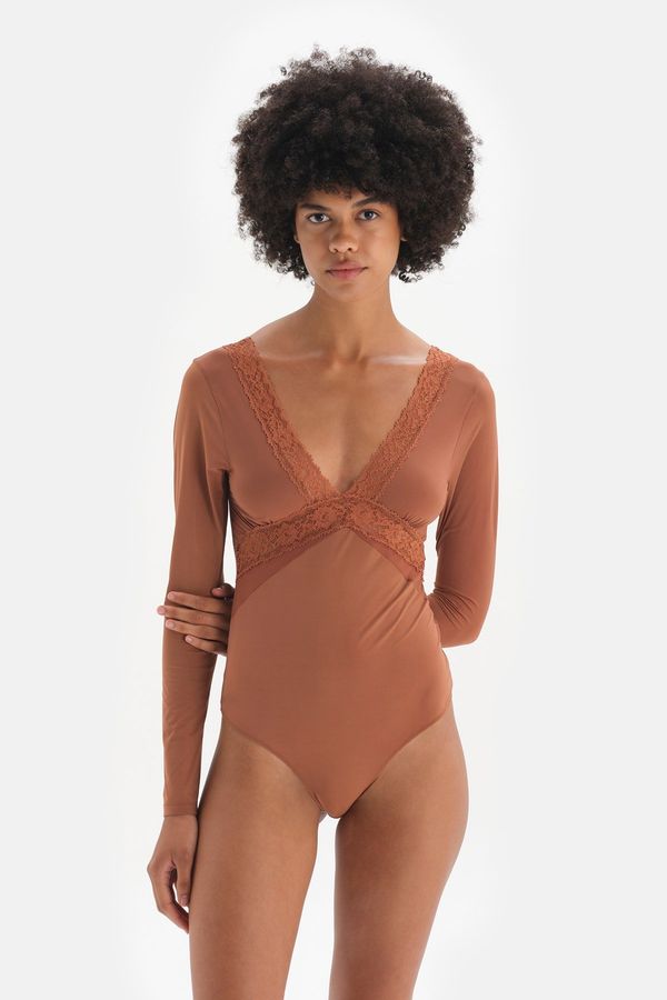 Dagi Dagi Brown Lace Detailed String Form Micro Bodysuit