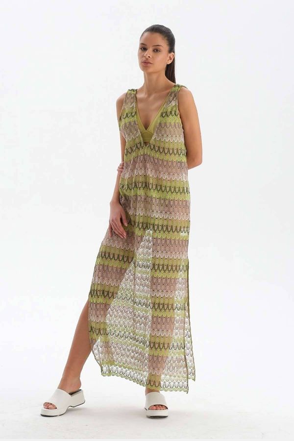 Dagi Dagi Green - Ecru Sleeveless Long Beach Dress with Slit Detail