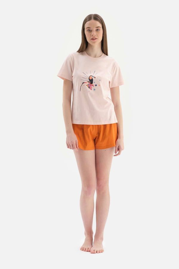 Dagi Dagi Light Pink Short Sleeve Print Detailed Pajamas Set with Shorts