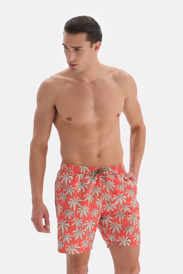 Dagi Dagi Orange - Ecru Palm Tree Patterned Medium Swim Shorts