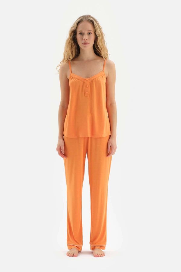 Dagi Dagi Orange Strap Button Detailed Viscose Pajamas Set
