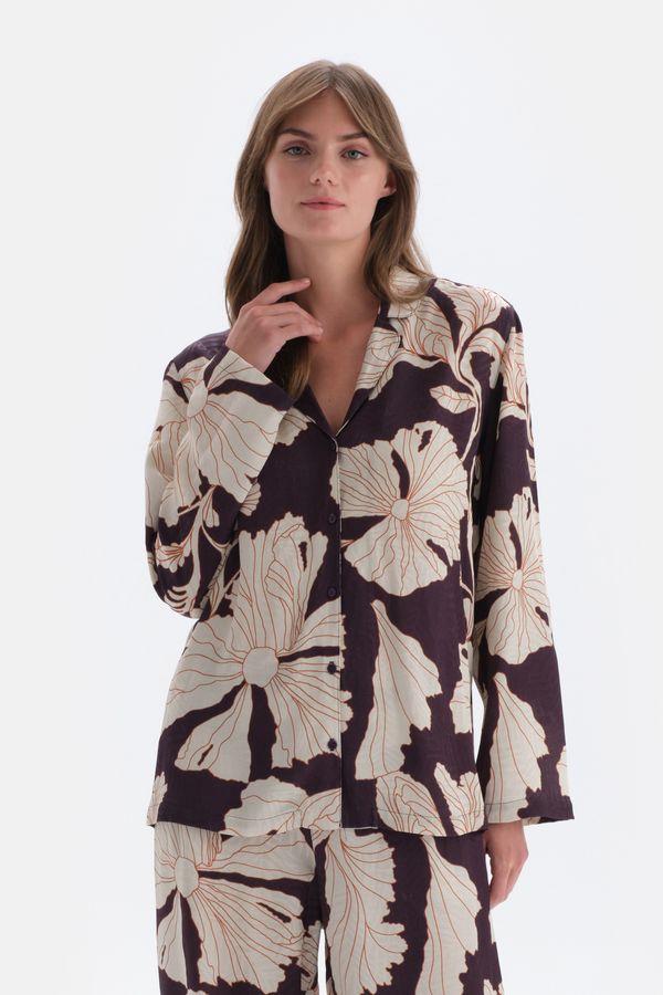Dagi Dagi Purple Floral Print Detailed Satin Shirt Pajama Top