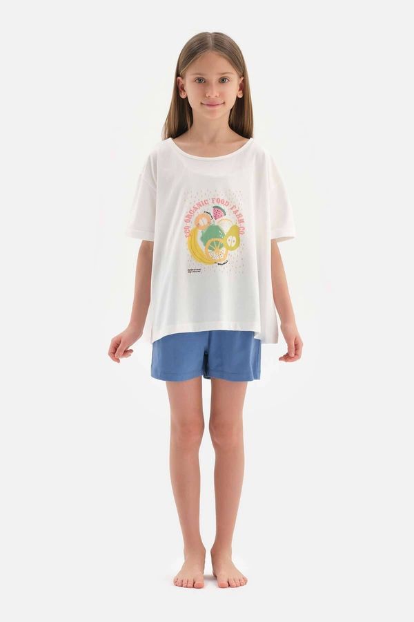 Dagi Dagi White Print Detailed Short Sleeve T-Shirt Shorts Pajama Set