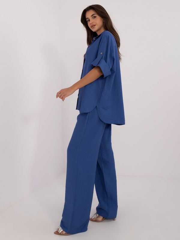 Fashionhunters Dark blue canvas summer set with wide trousers