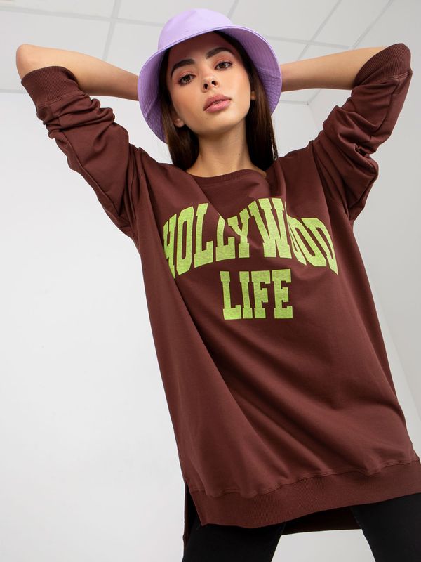 Fashionhunters Dark brown and green oversize long sweatshirt with inscription