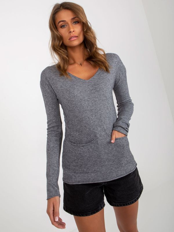 Fashionhunters Dark gray women's classic sweater with neckline