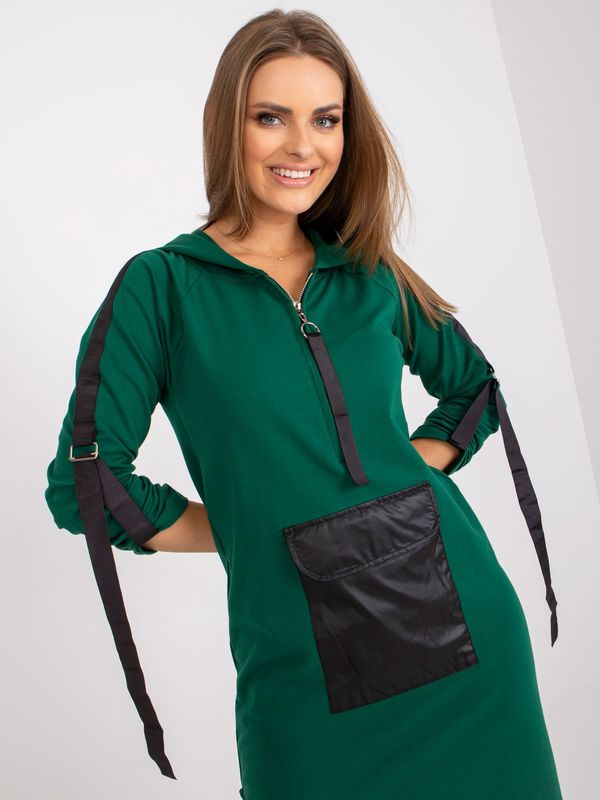 Fashionhunters Dark green long sweatshirt with slits and hood