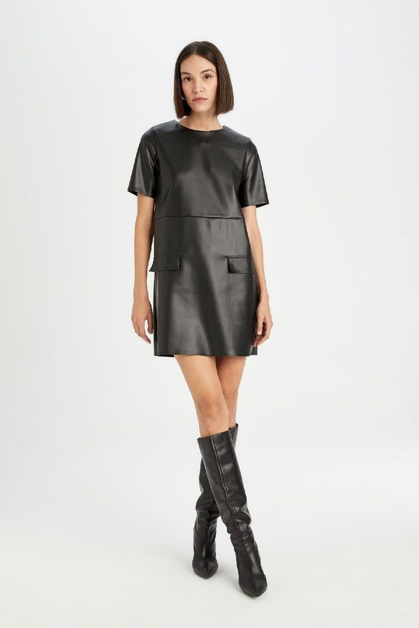 DEFACTO DEFACTO A Cut Round Neck Basic Plain Faux Leather Short Sleeve Mini Dress