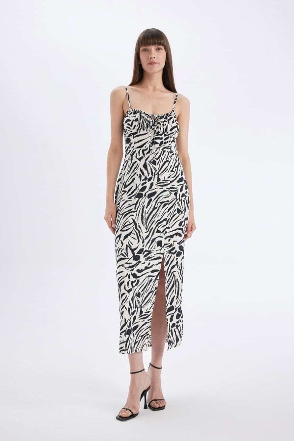 DEFACTO DEFACTO A-Line Heart Neck Zebra Patterned Viscose Strappy Maxi Dress