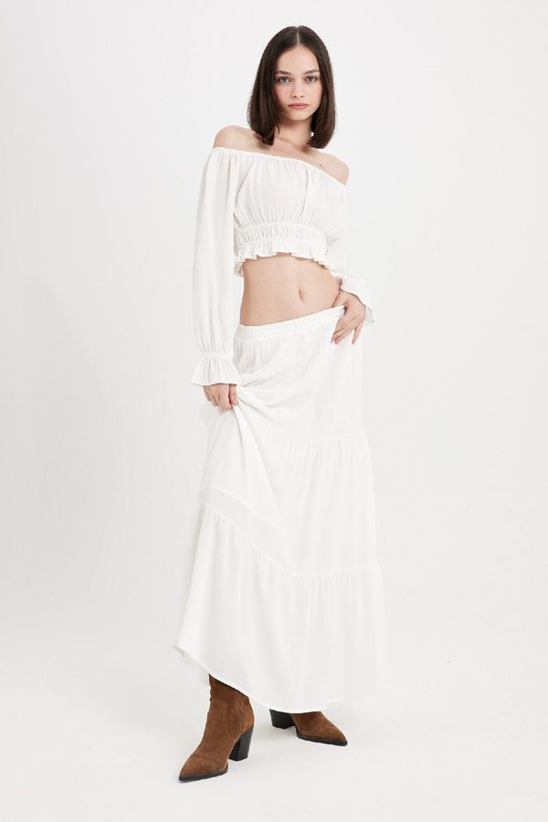 DEFACTO DEFACTO A-Line High Waist Cotton Lined Crinkle Viscose Kilos Maxi White Skirt