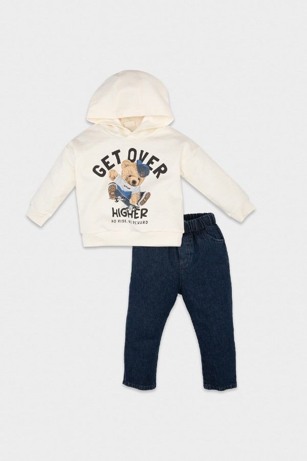 DEFACTO DEFACTO Baby Boy Bear Printed Hooded Sweatshirt Jean Pants 2-Piece Set