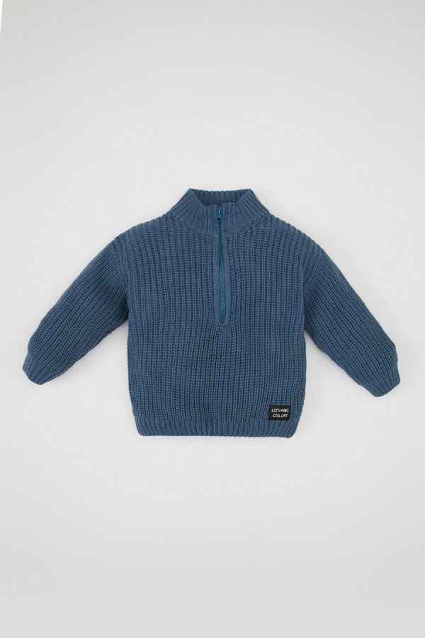 DEFACTO DEFACTO Baby Boy Indigo Stand Collar Zippered Label Printed Knitwear Sweater