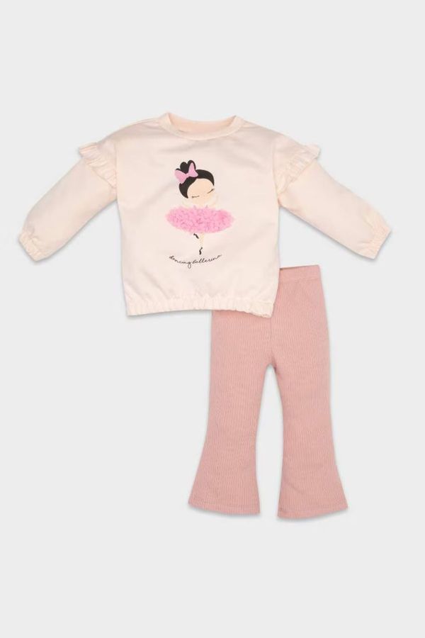 DEFACTO DEFACTO Baby Girl Ballerina Printed Cotton Sweatshirt Ribbed Camisole Tights Bottom Top Set